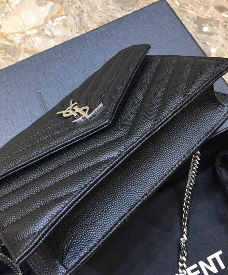 Saint Laurent Envelope Chain Wallet In Grain De Poudre Embossed Leather Black